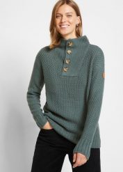 Sweter ze stójką w strukturalny wzór. Zielone swetry nierozpinane damskie bonprix, bez wzorów, bez kołnierzyka, bez ramiączek. Za 109.99 zł.