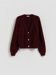Kardigan z dekoracyjnymi guzikami - bordowy. Czerwone kardigany damskie Reserved, l, bez wzorów, z dzianiny, bez kołnierzyka. Za 139.99 zł.