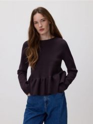 Sweter z baskinką - ciemnobrązowy. Brązowe swetry nierozpinane damskie Reserved, l, bez wzorów, z dzianiny, bez kołnierzyka, bez ramiączek. Za 129.99 zł.