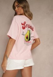 Różowy T-shirt z Bawełną ze Wzorem Awokado Tilannia. Czerwone t-shirty damskie Renee, m, bez wzorów, z bawełny, bez kołnierzyka, bez ramiączek. Za 74.99 zł.