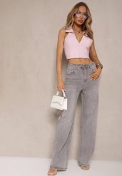 Jasnoszare Jeansy z Bawełny o Szerokim Kroju High Waist Ozdobione Przetarciami Silmoi. Szare jeansy damskie Renee, bez wzorów, z bawełny, z podwyższonym stanem. Za 119.99 zł.