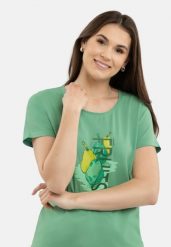 T-shirt z nadrukiem T-PEAR. Zielone t-shirty damskie Volcano, xs, bez wzorów, klasyczne, bez kołnierzyka, bez ramiączek. Za 54.99 zł.