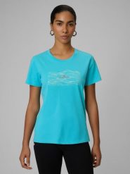 4F T-shirt regular z nadrukiem damski - turkusowy XS. Niebieskie t-shirty damskie 4F, xs, bez wzorów, z bawełny, bez kołnierzyka, bez ramiączek. Za 49.99 zł.