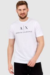 ARMANI EXCHANGE Biały t-shirt męski z czarnym logo. Białe t-shirty męskie Armani Exchange, l, bez wzorów, prążkowane, bez kołnierzyka, bez ramiączek. W wyprzedaży za 150.99 zł.