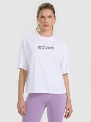 4F T-shirt oversize z nadrukiem damski - biały S. Białe t-shirty damskie 4F, s, bez wzorów, bez kołnierzyka, bez ramiączek. Za 59.99 zł.