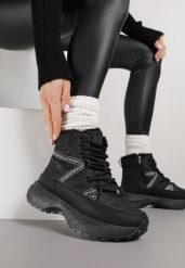 Czarne Sportowe Śniegowce Chunky na Platformie Ishweda. Czarne obuwie sportowe damskie Renee, bez wzorów, z jeansu, bez zapięcia. Za 99.99 zł.