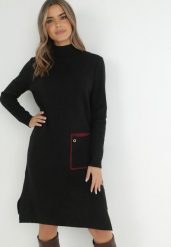 Czarna Sukienka Dzianinowa z Golfem i Dużą Kieszenią Taniya. Czarne sukienki damskie Born2be, do pracy, na jesień, l, bez wzorów, z dzianiny, biznesowe, bez kołnierzyka, bez ramiączek, midi, dopasowane. Za 139.99 zł.