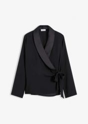 Bluzka kopertowa. Czarne bluzki damskie bonprix, bez wzorów, z satyny, bez kołnierzyka, bez ramiączek. Za 149.99 zł.