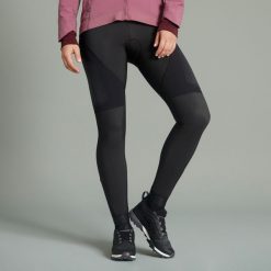 Spodnie rowerowe MTB damskie Rockrider zimowe. Czarne spodnie sportowe damskie ROCKRIDER, na zimę, bez wzorów, z elastanu, sportowe, długie, rowerowe. Za 199.99 zł.