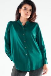 Koszula na Stójce z Przedłużonym Tyłem - Zielona. Zielone koszule damskie Awama, l, bez wzorów, z elastanu, bez kołnierzyka, bez ramiączek. Za 239.90 zł.
