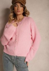 Różowy Klasyczny Kardigan o Prostym Kroju Riavara. Czerwone kardigany damskie Renee, bez wzorów, z jeansu, eleganckie, bez kołnierzyka. Za 159.99 zł.