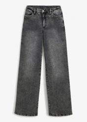 Jeansy Marlena z ćwiekami, high waist. Szare jeansy damskie bonprix, bez wzorów, z jeansu, z podwyższonym stanem. Za 169.99 zł.