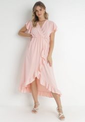 Różowa Sukienka Mailcon. Czerwone sukienki damskie Born2be, na imprezę, na lato, bez wzorów, eleganckie, bez kołnierzyka, bez ramiączek, maxi, kopertowe. Za 79.99 zł.
