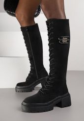 Czarne Kozaki Vices z Imitacji Zamszu w Stylu Grunge ze Sznurowaną Cholewką i Platformą Laurotte. Czarne kozaki damskie Renee, bez wzorów, z jeansu, bez obcasa, na platformie, bez zapięcia. Za 189.99 zł.