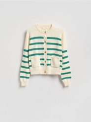 Bawełniany kardigan w paski - zielony. Zielone kardigany damskie Reserved, l, bez wzorów, z bawełny, bez kołnierzyka. Za 199.99 zł.