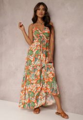 Pomarańczowa Sukienka Nourane. Brązowe sukienki damskie Renee, na co dzień, na lato, l, bez wzorów, z tkaniny, boho, bez kołnierzyka, bez ramiączek, maxi, kopertowe. Za 69.99 zł.