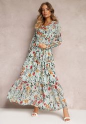 Miętowa Rozkoszowana Sukienka Maxi z Falbankami i Gumką w Talii Leezasa. Zielone sukienki damskie Renee, na imprezę, l, bez wzorów, eleganckie, bez kołnierzyka, bez ramiączek, maxi. Za 119.99 zł.