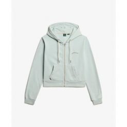 Damska krótka bluza z kapturem z zamek i logo Superdry Essential. Niebieskie bluzy damskie Superdry, bez wzorów, bez ramiączek, z kapturem. Za 332.10 zł.