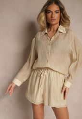 Beżowy Komplet z Tkaniny z Cyrkoniami Koszula i Szorty Jeniviela. Brązowe koszule damskie Renee, l, bez wzorów, z tkaniny, eleganckie, bez kołnierzyka, bez ramiączek. Za 129.99 zł.
