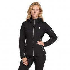 Kurtka softshell damska BELLE wodoodporna. Czarne kurtki sportowe damskie Aulp, l, bez wzorów, z elastanu, bez ramiączek, z kapturem, outdoorowe. Za 719.99 zł.