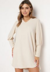 Jasnobeżowa Rozkloszowana Sukienka Pudełkowa z Bufiastymi Rękawami Gwelan. Brązowe sukienki damskie Born2be, na co dzień, s, bez wzorów, eleganckie, bez kołnierzyka, bez ramiączek, mini, proste. Za 69.99 zł.