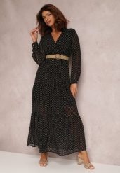 Czarna Sukienka Z Paskiem Erenope. Czarne sukienki damskie Renee, l, bez wzorów, bez kołnierzyka, bez ramiączek, maxi, kopertowe. Za 129.99 zł.