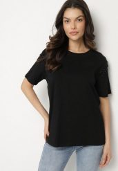 Czarny Bawełniany T-shirt Ozdobiony Koralikami Tlerra. Czarne t-shirty damskie Born2be, l, z aplikacjami, z bawełny, klasyczne, bez kołnierzyka, bez ramiączek. Za 34.99 zł.