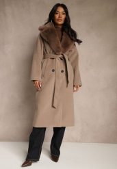 Beżowy Dwurzędowy Płaszcz Elegancki z Futrzanym Kołnierzem i Paskiem Ezanttia. Brązowe płaszcze damskie Renee, na jesień, xl, bez wzorów, z futra, eleganckie, bez kołnierzyka, bez kaptura. Za 349.99 zł.