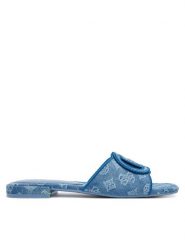 Guess Klapki FLJTSE DEN19 Niebieski. Niebieskie klapki damskie Guess, z aplikacjami, ze skóry, bez obcasa, bez zapięcia. Za 499.99 zł.