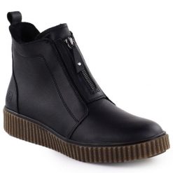 Skórzane botki damskie na platformie czarne Rieker Y4354-00. Czarne botki damskie Rieker, bez wzorów, ze skóry, bez obcasa, na platformie, bez zapięcia. Za 272.35 zł.