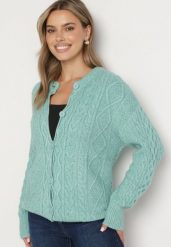 Miętowy Rozpinany Kardigan Ozdobiony Tłoczeniem Melorisse. Zielone kardigany damskie Born2be, z aplikacjami, z jeansu, eleganckie, bez kołnierzyka. Za 139.99 zł.