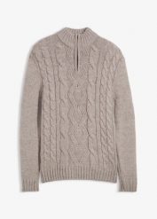 Sweter ze stójką we wzór w warkocze. Szare swetry męskie bonprix, m, bez wzorów, klasyczne, bez kołnierzyka, bez ramiączek. Za 114.99 zł.