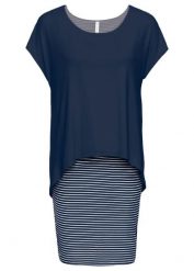 Sukienka z dżerseju z częścią spódnicową w paski. Niebieskie sukienki damskie bonprix, bez wzorów, z dżerseju, eleganckie, bez kołnierzyka, bez ramiączek. Za 107.99 zł.