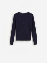 Sweter z wełną merino - granatowy. Niebieskie swetry nierozpinane damskie Reserved, l, bez wzorów, z dzianiny, bez kołnierzyka, bez ramiączek. Za 179.99 zł.