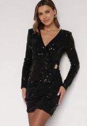 Czarna Dopasowana Sukienka o Eleganckim Kroju z Dekoltem w Serek i Cekinami Iwedama. Czarne sukienki damskie Born2be, na imprezę, l, bez wzorów, z poliesteru, eleganckie, bez kołnierzyka, bez ramiączek, dopasowane. Za 219.99 zł.