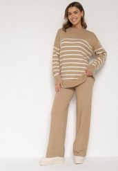 Ciemnobeżowy Komplet z Wełną i Bawełną Sweter w Paski i Szerokie Spodnie Neveena. Brązowe swetry nierozpinane damskie Born2be, l, bez wzorów, z bawełny, eleganckie, bez kołnierzyka, bez ramiączek. Za 139.99 zł.