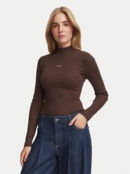 Guess Jeans Bluzka W6BP06 K5471 Brązowy Slim Fit. Brązowe bluzki damskie Guess Jeans, l, z aplikacjami, z bawełny, bez kołnierzyka, bez ramiączek. Za 199.99 zł.