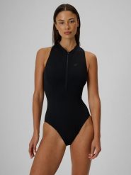 4F Kostium kąpielowy jednoczęściowy damski - czarny L. Czarne szorty damskie 4F, bez wzorów, z dresówki, sportowe. Za 159.99 zł.