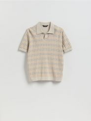 Strukturalny sweter polo - beżowy. Brązowe swetry męskie Reserved, l, bez wzorów, z bawełny, bez kołnierzyka, bez ramiączek. Za 129.99 zł.