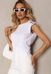 Biały Top z Łańcuszkami i Kryształkami na Usztywnionych Ramionach Liefara. Białe topy damskie Renee, m, bez wzorów, bez kołnierzyka, bez ramiączek. Za 39.99 zł.