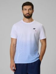 4F T-shirt regular z nadrukiem męski - niebieski XXL. Niebieskie koszulki sportowe męskie 4F, m, bez wzorów, z materiału, bez ramiączek, na fitness i siłownię. Za 89.99 zł.