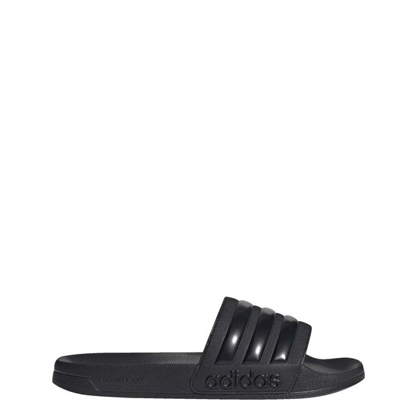 Klapki basenowe Adilette Shower Slides. Czarne klapki damskie Adidas, bez wzorów, sportowe, bez obcasa, bez zapięcia. Za 119.00 zł.