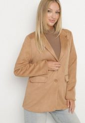 Beżowa Marynarka Oversize z Imitacji Zamszu o Pudełkowym Kroju Alonella. Brązowe marynarki i żakiety damskie Born2be, bez wzorów, z jeansu, biznesowe, bez kołnierzyka, bez ramiączek. Za 159.99 zł.