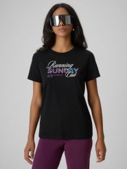 4F T-shirt regular z nadrukiem damski - czarny XXL. Czarne t-shirty damskie 4F, xxl, bez wzorów, z bawełny, klasyczne, bez kołnierzyka, bez ramiączek. Za 59.99 zł.