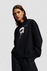 KARL LAGERFELD Czarna damska bluza z kapturem Ikon Aquarelle K. Czarne bluzy damskie KARL LAGERFELD, s, bez wzorów, bez ramiączek, z kapturem. W wyprzedaży za 899.99 zł.
