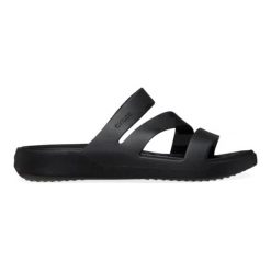 Klapki damskie Crocs Getaway Strappy. Czarne klapki damskie Crocs, bez wzorów, z materiału, bez obcasa, bez zapięcia. Za 235.00 zł.