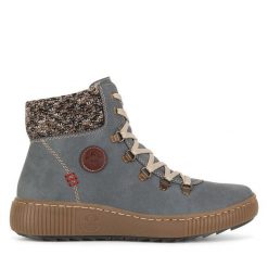 Trzewiki Rieker. Niebieskie botki damskie Rieker, bez wzorów, bez obcasa, na płaskiej podeszwie, bez zapięcia. Za 251.99 zł.