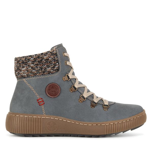 Trzewiki Rieker. Niebieskie botki damskie Rieker, bez wzorów, bez obcasa, na płaskiej podeszwie, bez zapięcia. Za 251.99 zł.