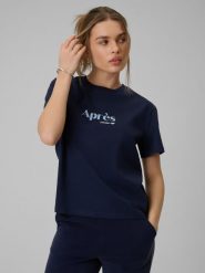 4F T-shirt boxy z nadrukiem damski - granatowy S. Niebieskie t-shirty damskie 4F, s, bez wzorów, z bawełny, bez kołnierzyka, bez ramiączek. Za 69.99 zł.