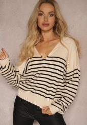 Beżowy Sweter w Paski Ozdobiony Kołnierzykiem i Wycięciem Irinalies. Brązowe swetry nierozpinane damskie Renee, na zimę, bez wzorów, casualowe, bez kołnierzyka, bez ramiączek. Za 59.99 zł.